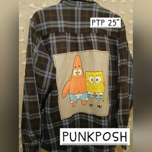 UPCYCLED FALL UNISEX RETRO SPONGEBOB GRAPHIC ON FLANNEL